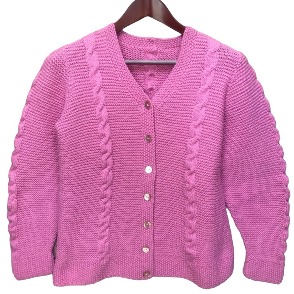 Hand Knit Pink Cable Cardigan S